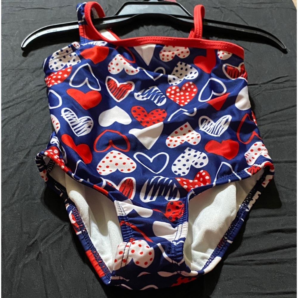 Girls OP Navy Red & White Heart Print One-Piece Swimsuit 2t
